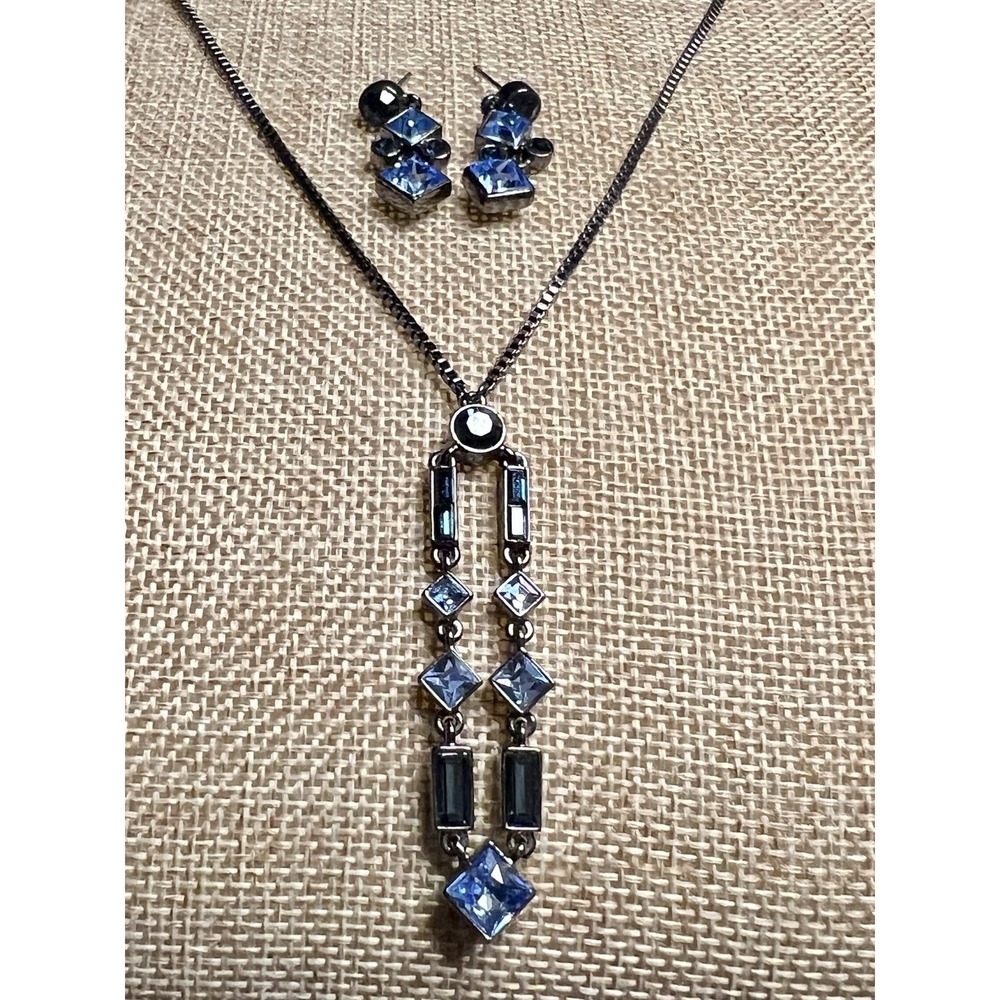 Givenchy Blue Crystal Gunmetal‎ Necklace and Earrings Set 16-19in Goth